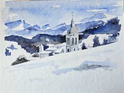 Aquarellbild mit  einer verschneiten Landschaft